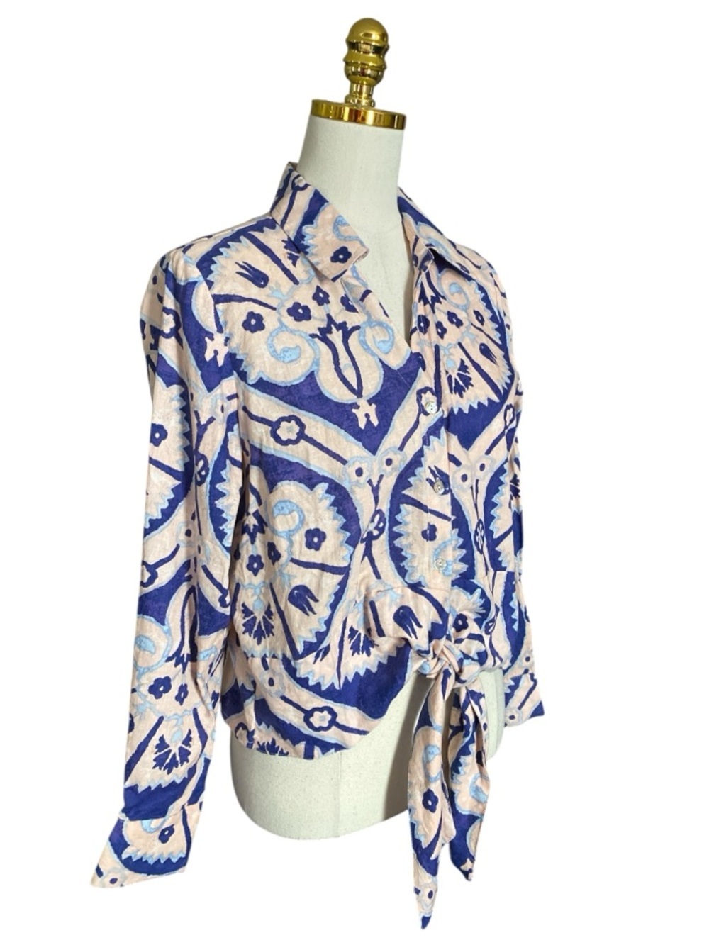 Christian Siriano Women’s Tie Front Linen Blend  Blue & Cream Print Top Sz Large - Picture 3 of 8